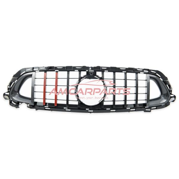 Upgrade Design Kühlergrill / Sportgrill für Mercedes Benz E-Klasse W213 / S213 / A238 / C238 Facelift 20-23 Carbon-Optik / Hochglanz schwarz + rote Akzentstreifen