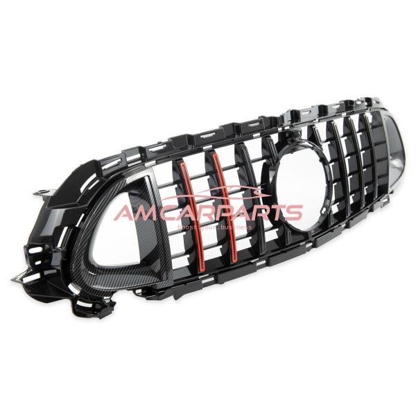 Upgrade Design Kühlergrill / Sportgrill für Mercedes Benz E-Klasse W213 / S213 / A238 / C238 Facelift 20-23 Carbon-Optik / Hochglanz schwarz + rote Akzentstreifen