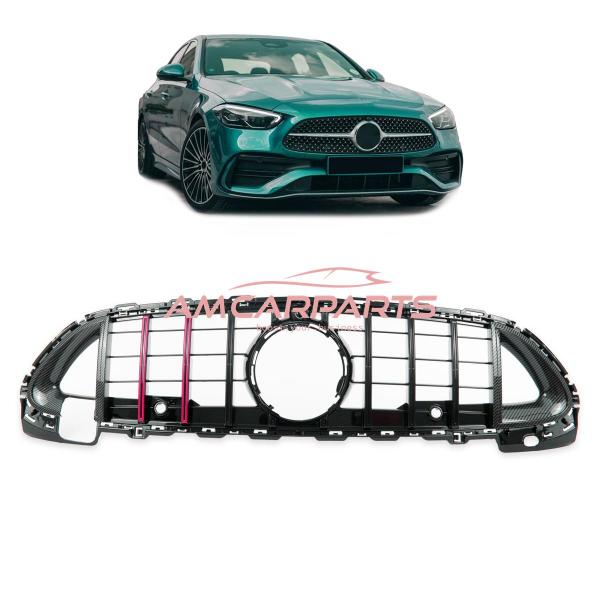 Upgrade Design Kühlergrill / Sportgrill passend für Mercedes Benz C-Klasse W206 / S206 21+ Carbon-Optik / Hochglanz schwarz + rote Akzentstreifen