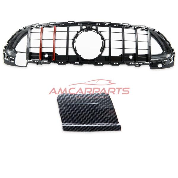Upgrade Design Kühlergrill / Sportgrill passend für Mercedes Benz C-Klasse W206 / S206 21+ Carbon-Optik / Hochglanz schwarz + rote Akzentstreifen