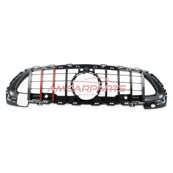 Upgrade Design Kühlergrill / Sportgrill passend für Mercedes Benz C-Klasse W206 / S206 21+ Carbon-Optik / Hochglanz schwarz + rote Akzentstreifen