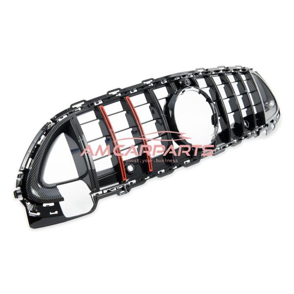 Upgrade Design Kühlergrill / Sportgrill passend für Mercedes Benz C-Klasse W206 / S206 21+ Carbon-Optik / Hochglanz schwarz + rote Akzentstreifen
