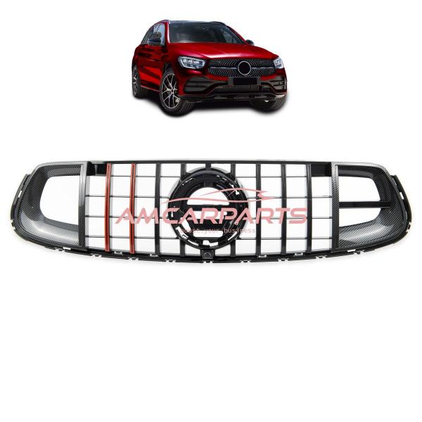 Upgrade Design Kühlergrill / Sportgrill für Mercedes GLC (X253) / GLC (C253) Facelift 19-22 Carbon-Optik / Hochglanz schwarz + rote Akzentstreifen