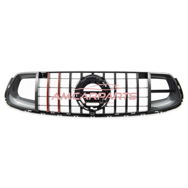 Upgrade Design Kühlergrill / Sportgrill für Mercedes GLC (X253) / GLC (C253) Facelift 19-22 Carbon-Optik / Hochglanz schwarz + rote Akzentstreifen