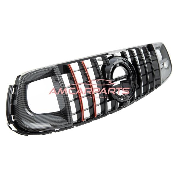 Upgrade Design Kühlergrill / Sportgrill für Mercedes GLC (X253) / GLC (C253) Facelift 19-22 Carbon-Optik / Hochglanz schwarz + rote Akzentstreifen