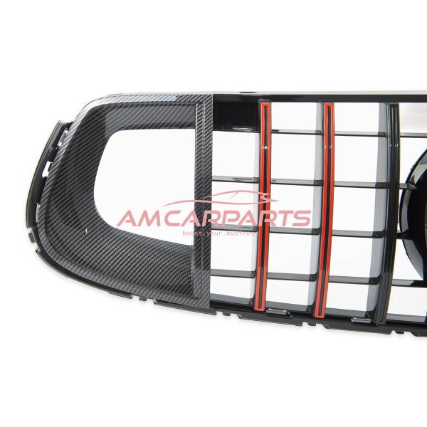 Upgrade Design Kühlergrill / Sportgrill für Mercedes GLC (X253) / GLC (C253) Facelift 19-22 Carbon-Optik / Hochglanz schwarz + rote Akzentstreifen