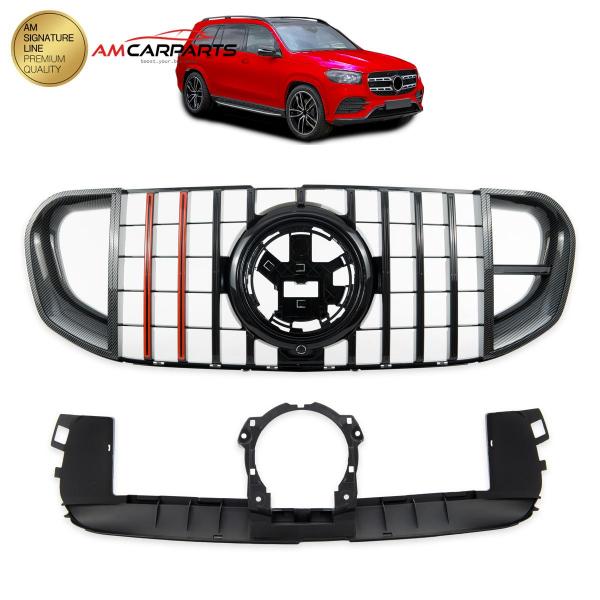 Upgrade Design Kühlergrill / Sportgrill für Mercedes Benz GLS (X167) 18+ Carbon-Optik / Hochglanz schwarz + rote Akzentstreifen