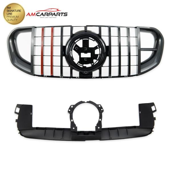 Upgrade Design Kühlergrill / Sportgrill für Mercedes Benz GLS (X167) 18+ Carbon-Optik / Hochglanz schwarz + rote Akzentstreifen