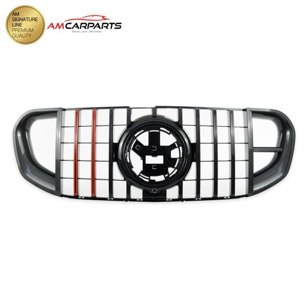Upgrade Design Kühlergrill / Sportgrill für Mercedes Benz GLS (X167) 18+ Carbon-Optik / Hochglanz schwarz + rote Akzentstreifen