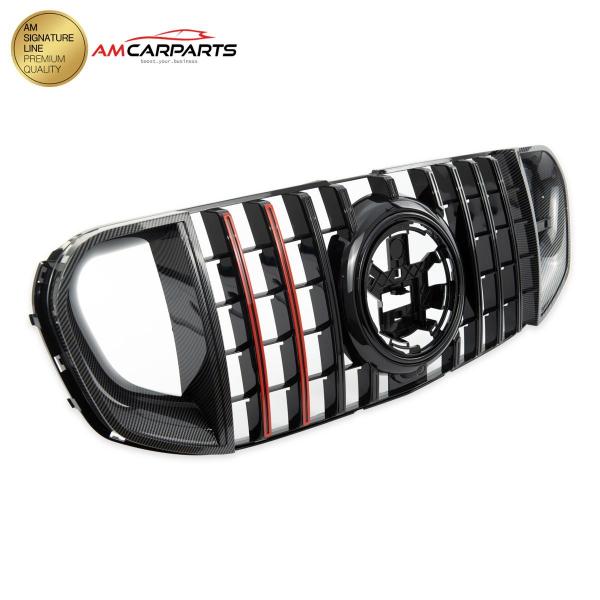 Upgrade Design Kühlergrill / Sportgrill für Mercedes Benz GLS (X167) 18+ Carbon-Optik / Hochglanz schwarz + rote Akzentstreifen