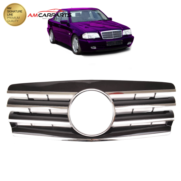 Upgrade Design Kühlergrill / Sportgrill passend für Mercedes Benz C-Klasse W202 / S202 93-00 Hochglanz schwarz / chrom