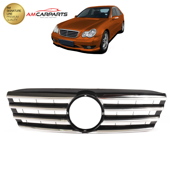 Upgrade Design Kühlergrill / Sportgrill passend für Mercedes Benz C-Klasse W203 / S203 00-07 Hochglanz schwarz / chrom