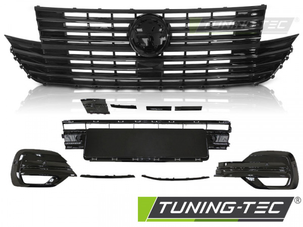 Upgrade Design Kühlergrill mit Logohalter + Stoßstangenblenden für Volkswagen T6.1 ab 2019 Hochglanz schwarz