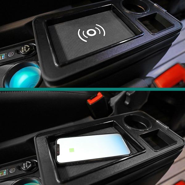 Black Edition Staufach Mittelkonsole Ablage für VW T4 90-03 mit RGB Farbwechsel-LED Beleuchtung, USB und Induktions-Ladestation