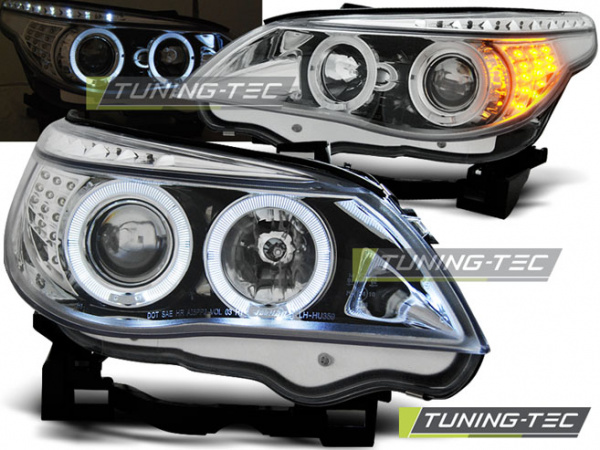 LED Angel Eyes Scheinwerfer für BMW 5er E60/E61 03-07 chrom mit LED Blinker