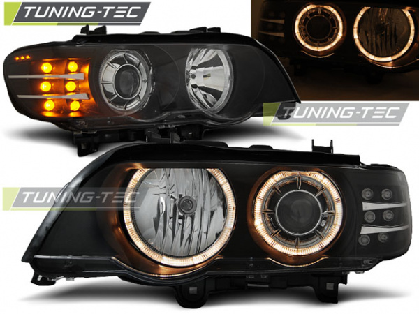Upgrade Design Angel Eyes Scheinwerfer für BMW X5 E53 99-03 schwarz mit LED Blinker