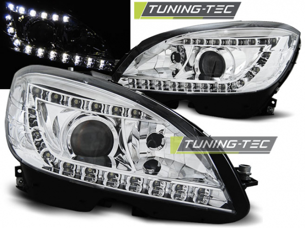 Xenon LED Tagfahrlicht Design Scheinwerfer für Mercedes Benz C-Klasse W204 07-10 chrom