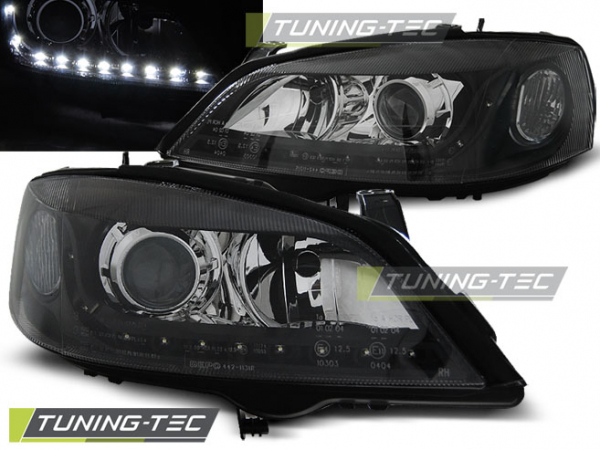 LED Tagfahrlicht Design für Scheinwerfer Opel Astra G 98-04 schwarz