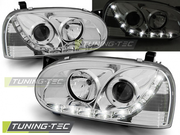 LED Tagfahrlicht Design Scheinwerfer für VW Golf 3 91-97 chrom