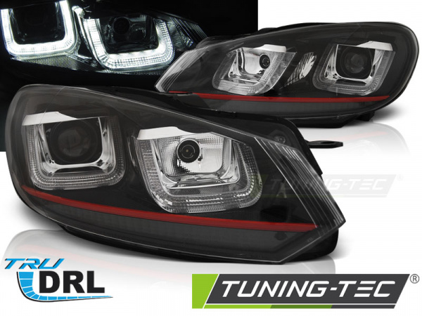 LED Tagfahrlicht Scheinwerfer für VW Golf 6 08-12 schwarz / rot im Golf 7 "GTI" Design