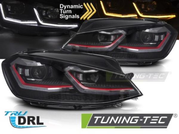 Upgrade Design LED Tagfahrlicht Scheinwerfer Set passend für VW Golf 7 Facelift 17-19 schwarz / rot mit dynamischem LED Blinker