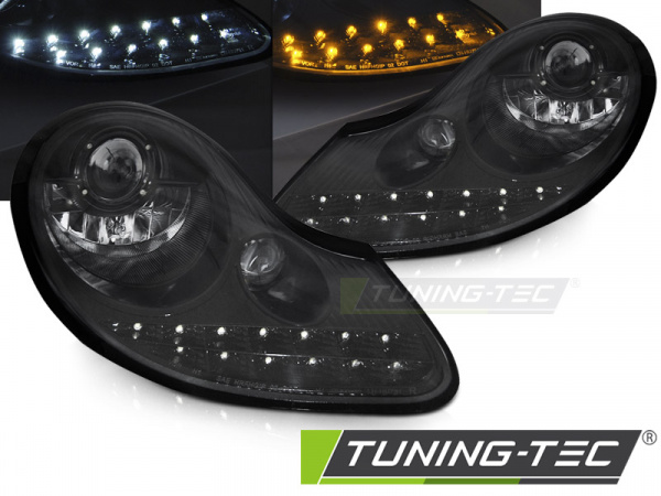 BLACKSHINE LED Tagfahrlicht Design Scheinwerfer für Porsche Boxster 986 / 911 996 96-04 Hochglanzschwarz
