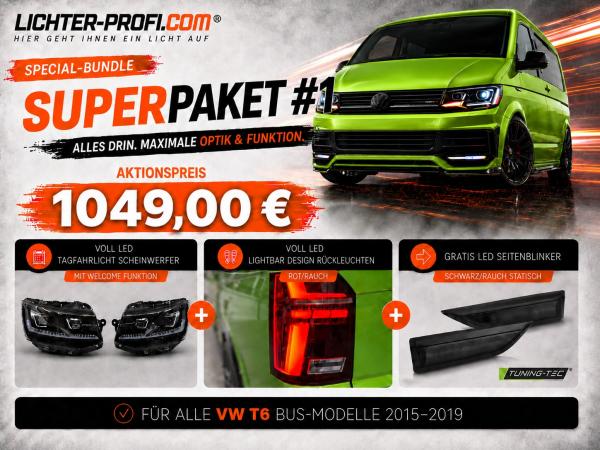 Voll-LED-Tagfahrlicht-Scheinwerfer-Set mit Welcome Funktion + Voll-LED-Lightbar-Design-Rückleuchten-Set + dynamischem LED-Blinker passend für VW T6 15-19 (Heckklappe/LED)