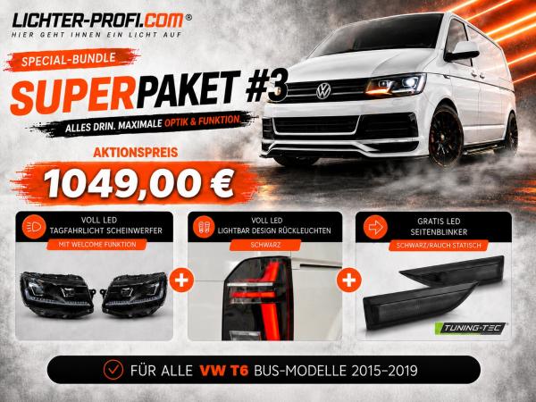 Voll-LED-Tagfahrlicht-Scheinwerfer-Set mit Welcome Funktion + Voll-LED-Lightbar-Design-Rückleuchten-Set + dynamischem LED-Blinker passend für VW T6 15-19 (Heckklappe/Halogen)