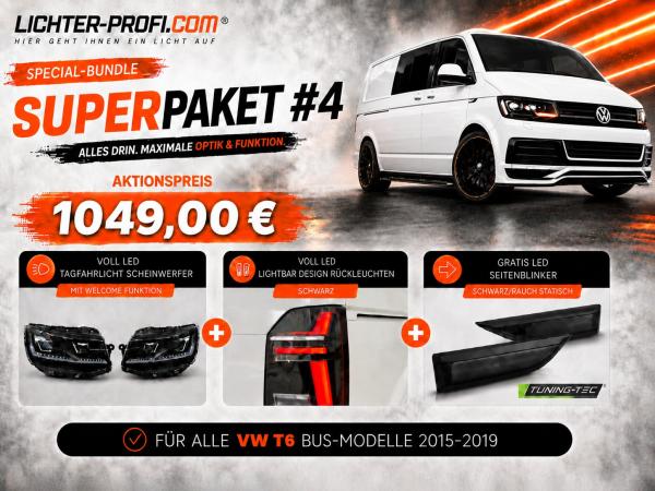Voll-LED-Tagfahrlicht-Scheinwerfer-Set mit Welcome Funktion + Voll-LED-Lightbar-Design-Rückleuchten-Set + dynamischem LED-Blinker passend für VW T6 15-19 (Heckklappe/LED)