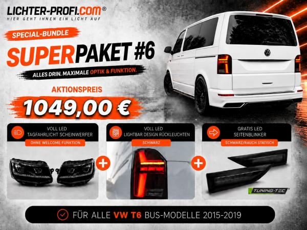 Voll-LED-Tagfahrlicht-Scheinwerfer-Set ohne Welcome Funktion + Voll-LED-Lightbar-Design-Rückleuchten-Set + dynamischem LED-Blinker passend für VW T6 15-19 (Heckklappe/Halogen)