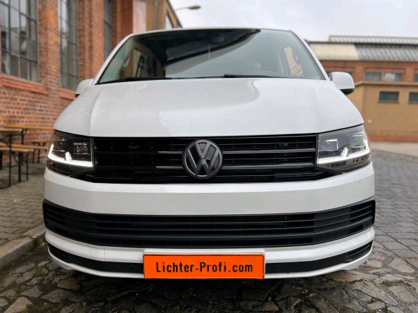 Voll-LED-Tagfahrlicht-Scheinwerfer-Set ohne Welcome Funktion + Voll-LED-Lightbar-Design-Rückleuchten-Set + dynamischem LED-Blinker passend für VW T6 15-19 (Heckklappe/Halogen)