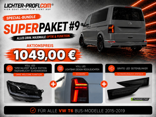 Voll-LED-"Specialized"-Black-Edition-Tagfahrlicht-Scheinwerfer-Set ohne Welcome Funktion + Voll-LED-Lightbar-Design-Rückleuchten-Set + dynamischem LED-Blinker passend für VW T6 15-19 (Heckklappe/Halogen)
