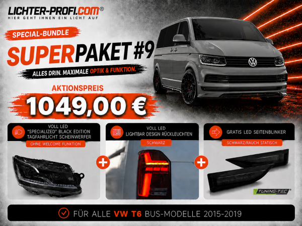 Voll-LED-"Specialized"-Black-Edition-Tagfahrlicht-Scheinwerfer-Set ohne Welcome Funktion + Voll-LED-Lightbar-Design-Rückleuchten-Set + dynamischem LED-Blinker passend für VW T6 15-19 (Heckklappe/Halogen)