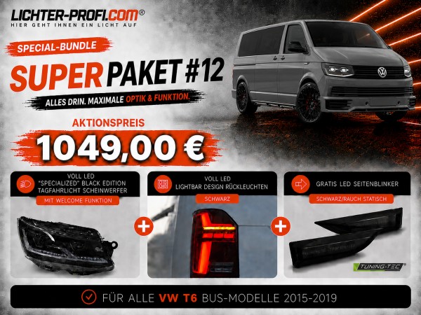 Voll-LED-"Specialized"-Black-Edition-Tagfahrlicht-Scheinwerfer-Set mit Welcome Funktion + Voll-LED-Lightbar-Design-Rückleuchten-Set + dynamischem LED-Blinker passend für VW T6 15-19 (Heckklappe/Halogen)