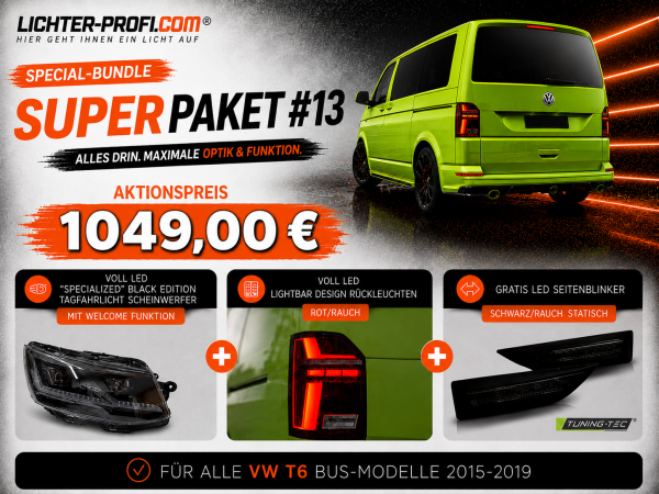 Voll-LED-"Specialized"-Black-Edition-Tagfahrlicht-Scheinwerfer-Set mit Welcome Funktion + Voll-LED-Lightbar-Design-Rückleuchten-Set + dynamischem LED-Blinker passend für VW T6 15-19 (Heckklappe/Halogen)