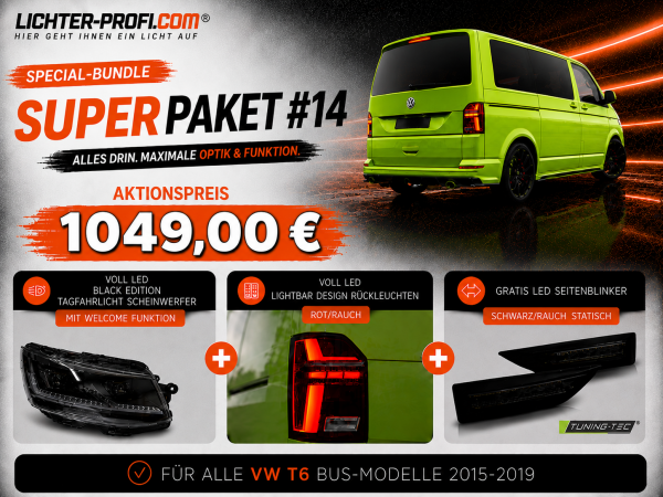 Voll-LED-Black-Edition-Tagfahrlicht-Scheinwerfer-Set mit Welcome Funktion + Voll-LED-Lightbar-Design-Rückleuchten-Set + dynamischem LED-Blinker passend für VW T6 15-19 (Heckklappe/LED)