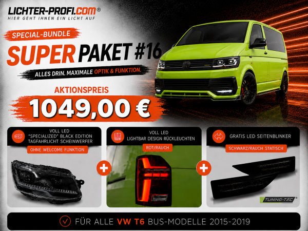 Voll-LED-"Specialized"-Black-Edition-Tagfahrlicht-Scheinwerfer-Set ohne Welcome Funktion + Voll-LED-Lightbar-Design-Rückleuchten-Set + dynamischem LED-Blinker passend für VW T6 15-19 (Heckklappe/Halogen)