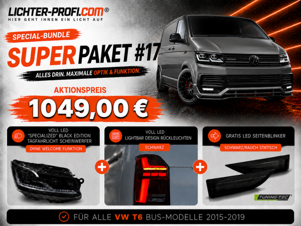 Voll-LED-"Specialized"-Black-Edition-Tagfahrlicht-Scheinwerfer-Set ohne Welcome Funktion + Voll-LED-Lightbar-Design-Rückleuchten-Set + dynamischem LED-Blinker passend für VW T6 15-19 (Heckklappe/LED)