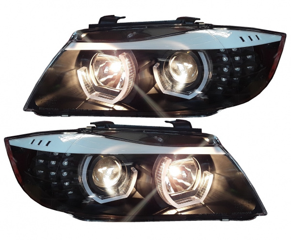 Upgrade Design 3D LED Angel Eyes Scheinwerfer für BMW 3er E90/E91 LCI (Facelift) 09-12 schwarz mit LED Blinker