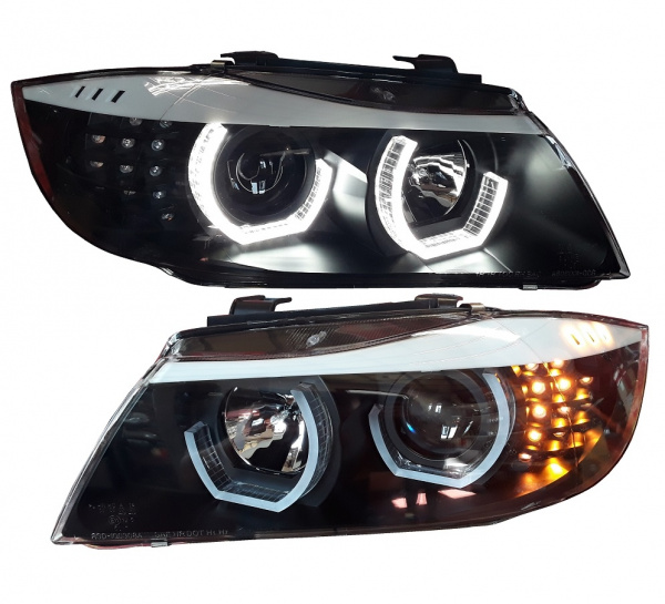 Upgrade Design 3D LED Angel Eyes Scheinwerfer für BMW 3er E90/E91 LCI (Facelift) 09-12 schwarz mit LED Blinker