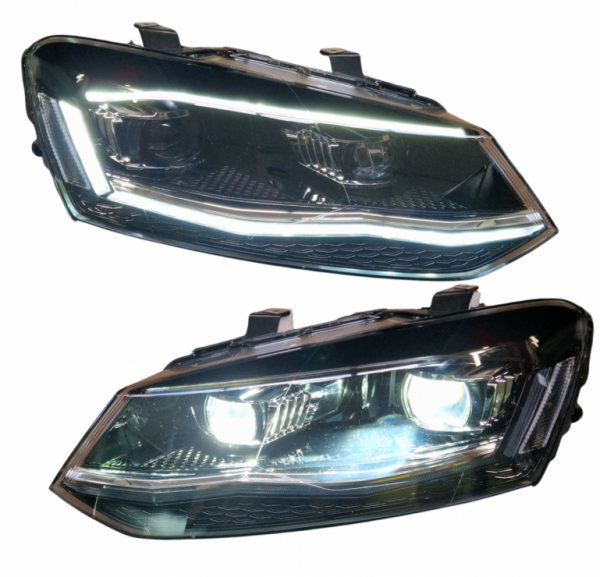 VOLL LED Upgrade Tagfahrlicht Scheinwerfer Set für VW Polo 6R / 6C 09-17 schwarz/chrom mit dyn. Blinker