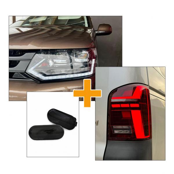 Sparpaket - VOLL LED Tagfahrlicht Scheinwerfer schwarz mit dynamischem LED Blinker und Begrüßungsfunktion + Voll LED Lightbar Design Rückleuchten rot/rauch mit dynamischen Blinker + LED Seitenblinker passend für VW T5 GP (Facelift) 10-15