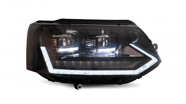 Sparpaket - VOLL LED Tagfahrlicht Scheinwerfer schwarz mit dynamischem LED Blinker und Begrüßungsfunktion + Voll LED Lightbar Design Rückleuchten rot/rauch mit dynamischen Blinker + LED Seitenblinker passend für VW T5 GP (Facelift) 10-15