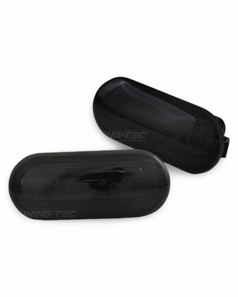 VOLL LED Tagfahrlicht Scheinwerfer schwarz mit dynamischem LED Blinker und Begrüßungsfunktion + Voll LED Lightbar Design Rückleuchten schwarz/rauch mit dynamischen Blinker + LED Seitenblinker passend für VW T5 GP (Facelift) 10-15