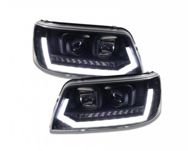 Sparpaket - VOLL LED Upgrade Design Scheinwerfer Set VW T5 03-09 dynamisch schwarz + Voll LED Lightbar Design Rückleuchten schwarz/rauch mit dynamischen Blinker