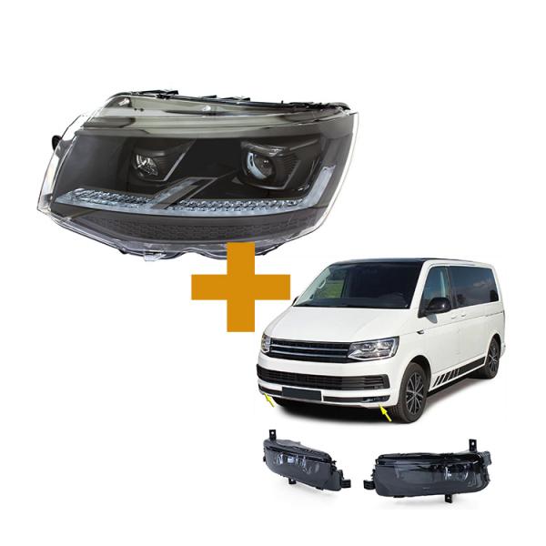 Voll LED "Specialized" Tagfahrlicht Scheinwerfer schwarz mit LED Blinker - Black Edition + Upgrade Design Nebelscheinwerfer Set schwarz / rauch für VW T6 15-19