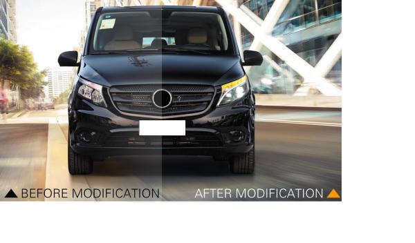 Sparpaket - VOLL LED Tagfahrlicht Scheinwerfer passend für Mercedes Benz V-Klasse / Vito W447 14-23 schwarz mit LED Blinker + LED Upgrade Design Rückleuchten passend für Mercedes Benz Vito W447 14-23 schwarz/klar dynamisch