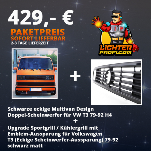 Schwarze eckige Multivan Design Doppel-Scheinwerfer für VW T3 79-92 H4 + Upgrade Sportgrill / Kühlergrill mit Emblem-Aussparung für Volkswagen T3 (Eckige Scheinwerfer-Aussparung) 79-92 schwarz matt