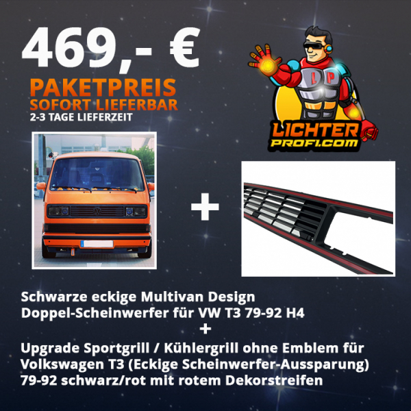 Schwarze eckige Multivan Design Doppel-Scheinwerfer für VW T3 79-92 H4 + Upgrade Sportgrill / Kühlergrill ohne Emblem für Volkswagen T3 (Eckige Scheinwerfer-Aussparung) 79-92 schwarz/rot
