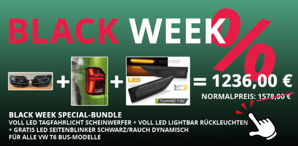 Voll LED Tagfahrlicht Scheinwerfer für VW T6 15-19 schwarz mit dynamischen LED Blinker + Voll LED Lightbar Design Rückleuchten für VW T6 15-19 rot/rauch mit dynamischen Blinker (für Heckklappe/LED)